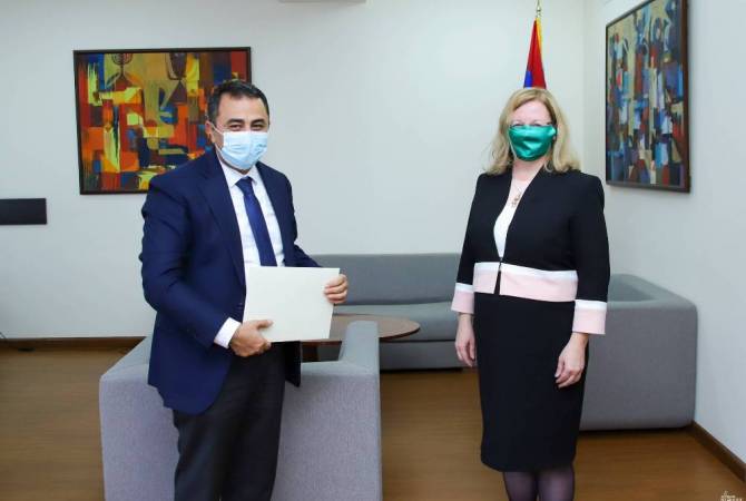 La nouvelle Ambassadrice d'Irlande en Arménie présente une copie de ses lettres de créance au 
vice-ministre des Affaires