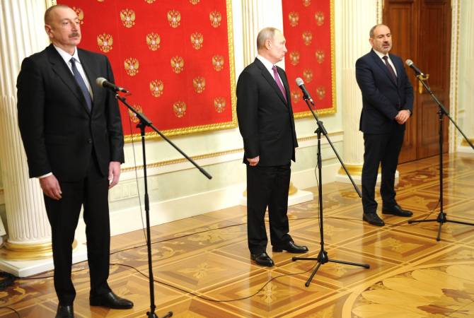 Nikol Pashinyan, Vladimir Putin and Ilham Aliyev make statement summarizing the trilateral 
meeting