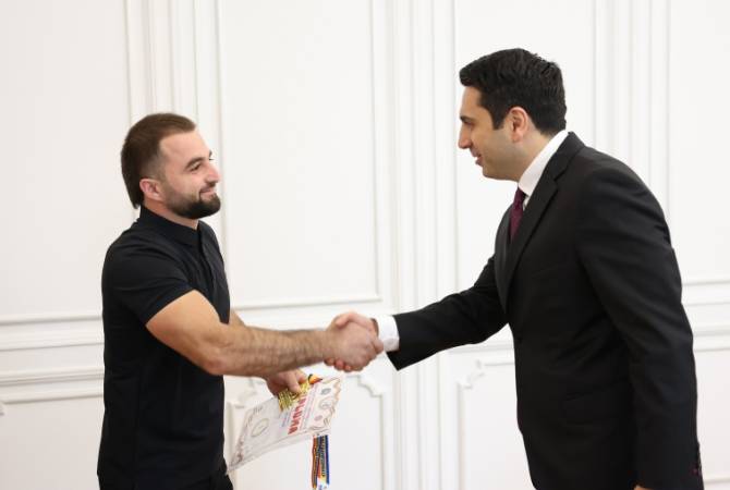Parliament Speaker receives Multiple Arm Wrestling World and European Champion Ashot 
Adamyan