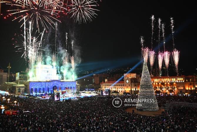 Participants of "Junior Eurovision 2022" annunciate start of the contest by turning on the lights 
of main Christmas tree