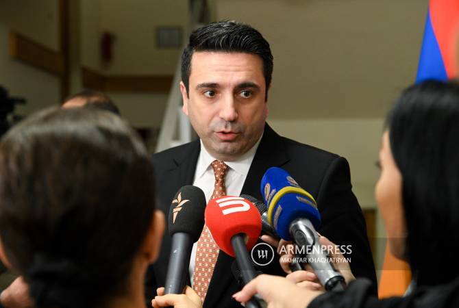 Ermenistan Parlamentosu Başkanı Alen Simonayan açıklamalarda bulunuyor
